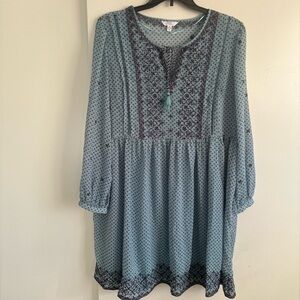Time and Tru Teal Long Sleeve Dress with Floral Accents
